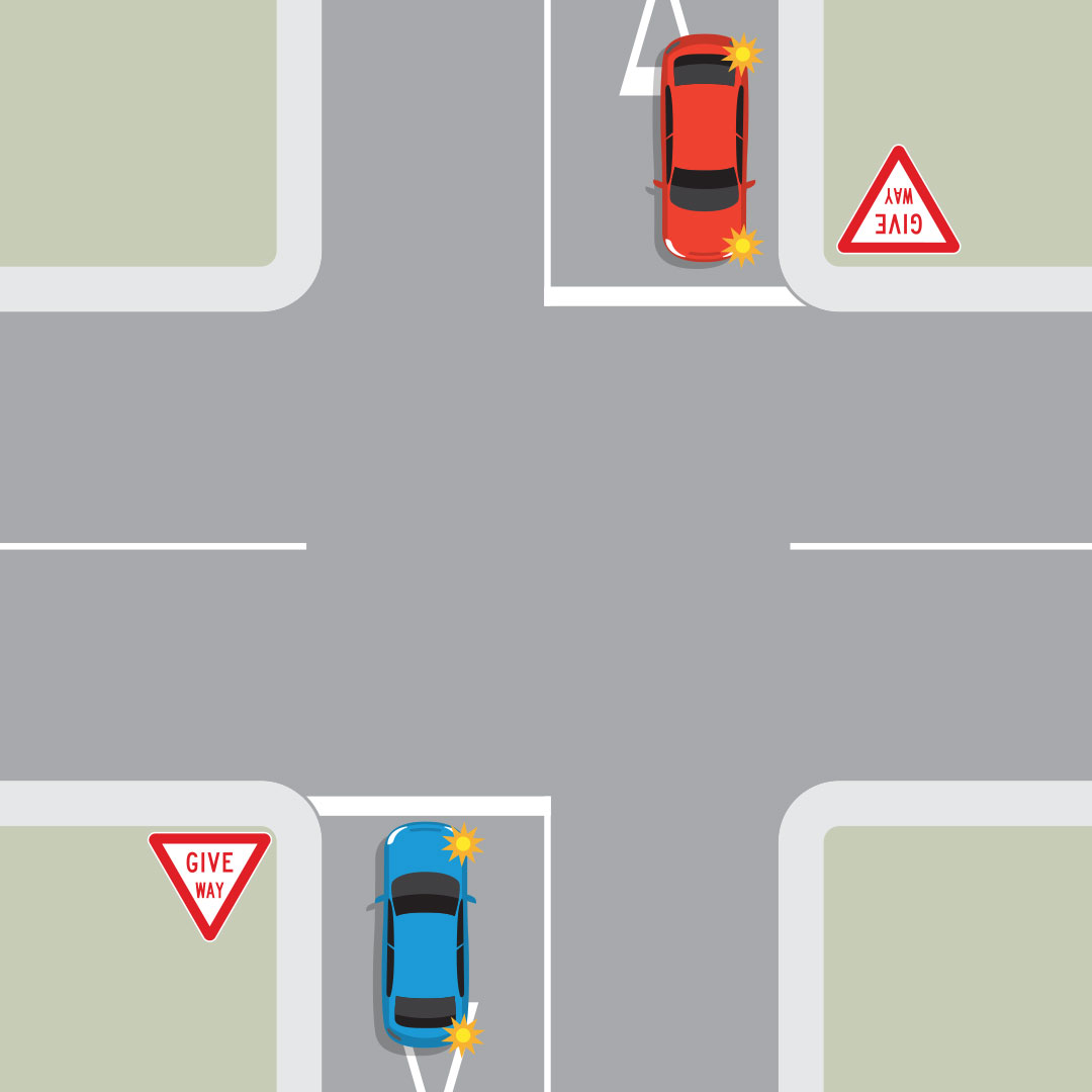 Give Way intersection with a red car and a blue car facing each other. The blue car indicates it wants to turn right and the red car indicates it wants to turn left.